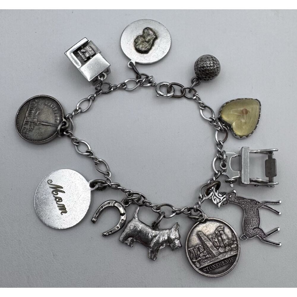 Vtg Sterling Silver Charm Bracelet 11 Charms 30 grams Deer Dog Golf Sewing 6.5"